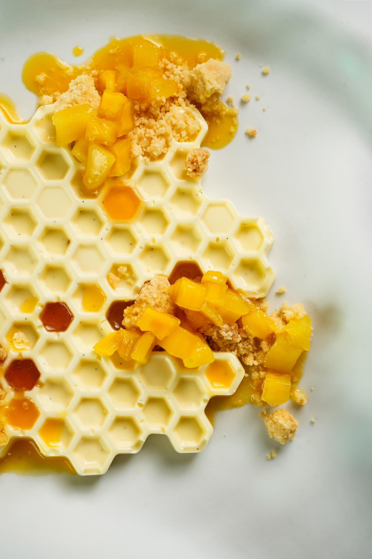 Dessert gourmet con base a nido d'ape, fotografia food